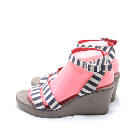 Crocs Leigh Sandals Womens Size 8 Navy White Stripe Wedge Platform Ankle Strap - Picture 3 of 7